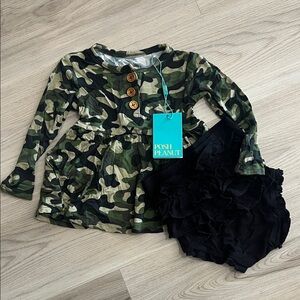 Posh Peanut Olive Camouflage Peplum Top and Black Ribbed Bloomers Set